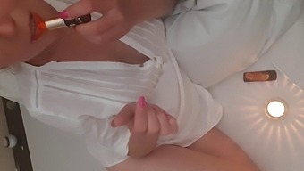 Smoking Cigarette And Make My Lips Red Lipstick And Play With My Boobs