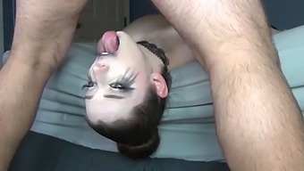Big Titty Goth Babe With Sloppy Ruined Makeup & Black Lipstick Gets Extreme Off The Bed Upside Down Facefuck With Balls Deep Slamming Throatpie