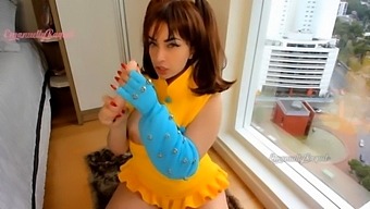 Public Diane From Seven Deadly Sins Cosplay Girl Deepthroating And Riding Her Dildo In Fron Of The Wondow