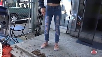 Skinny Girl In Tight Jeans Sucks Ice Pop