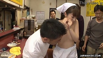 Asuka, The Stunning Japanese Waitress, Experiences Her First Gangbang And Creampie In Public